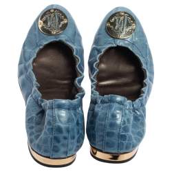 Pre Owned Roberto Cavalli Blue Croc Embossed Leather Scrunch Ballet Flats Size 37.5