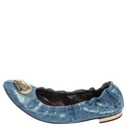 Pre Owned Roberto Cavalli Blue Croc Embossed Leather Scrunch Ballet Flats Size 37.5