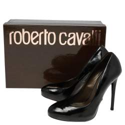 Pre Owned حذاء كعب عالي روبرتو كافالي جلد أسود مقدمة مستديرة مقاس 35.5