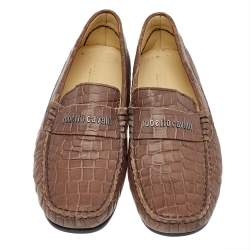 Pre Owned Roberto Cavalli Brown Croc Embossed Leather Slip On Loafers Size 40