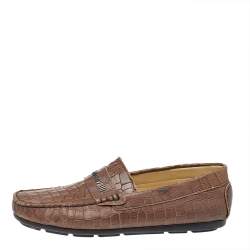 Pre Owned Roberto Cavalli Brown Croc Embossed Leather Slip On Loafers Size 40