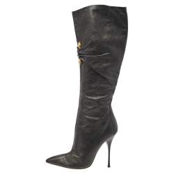 Pre Owned Roberto Cavalli Black Leather Pointed Toe Knee Length Boots Size 39