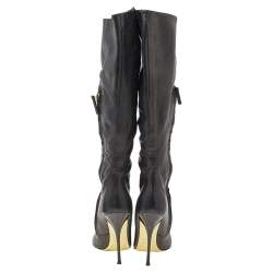 Pre Owned Roberto Cavalli Black Leather Pointed Toe Knee Length Boots Size 39