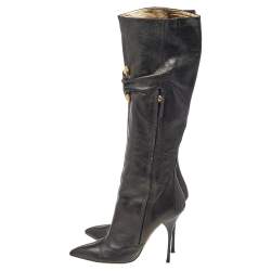 Pre Owned Roberto Cavalli Black Leather Pointed Toe Knee Length Boots Size 39