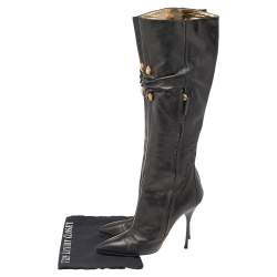 Pre Owned Roberto Cavalli Black Leather Pointed Toe Knee Length Boots Size 39