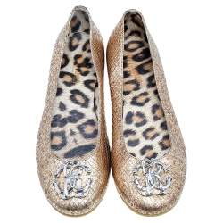 Pre Owned Roberto Cavalli Metallic Gold Python Embossed Leather Logo Embellished Ballet Flats Size 40