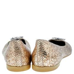 Pre Owned Roberto Cavalli Metallic Gold Python Embossed Leather Logo Embellished Ballet Flats Size 40
