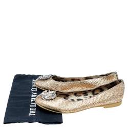 Pre Owned Roberto Cavalli Metallic Gold Python Embossed Leather Logo Embellished Ballet Flats Size 40