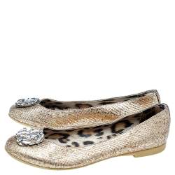Pre Owned Roberto Cavalli Metallic Gold Python Embossed Leather Logo Embellished Ballet Flats Size 40