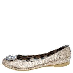 Pre Owned Roberto Cavalli Metallic Gold Python Embossed Leather Logo Embellished Ballet Flats Size 40