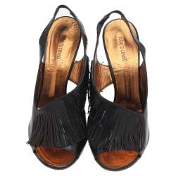 Pre Owned Roberto Cavalli Black Patent Leather Fringe Slingback Sandals Size 39
