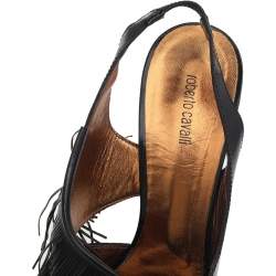 Pre Owned Roberto Cavalli Black Patent Leather Fringe Slingback Sandals Size 39