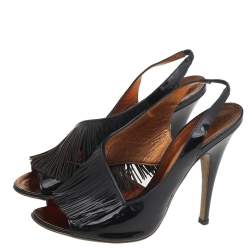 Pre Owned Roberto Cavalli Black Patent Leather Fringe Slingback Sandals Size 39