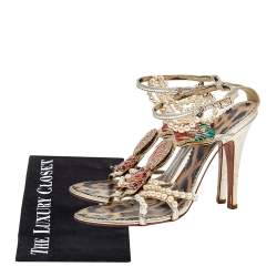 Pre Owned Roberto Cavalli Gold Leather Embellished Ankle Strap Sandals Size 37