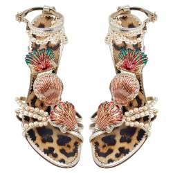 Pre Owned Roberto Cavalli Gold Leather Embellished Ankle Strap Sandals Size 37