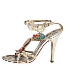 Pre Owned Roberto Cavalli Gold Leather Embellished Ankle Strap Sandals Size 37