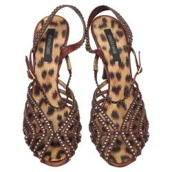 مملوكة مسبقًا Roberto Cavalli Brown Leather Studded Slingback Sandals Size 41