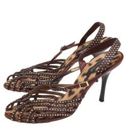 مملوكة مسبقًا Roberto Cavalli Brown Leather Studded Slingback Sandals Size 41