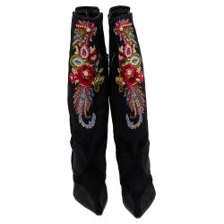 Pre Owned Roberto Cavalli Black Embroidered Fabric And Python Embossed Suede Knee Length Boots Size 39