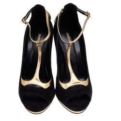 Pre Owned صندل روبرتو كافالي مزخرف ثعبان سير كاحل جلد وسويدي ذهبي/ أسود مقاس 38.5