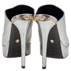 Roberto Cavalli Metallic Silver Leather Platform Mules Size 38