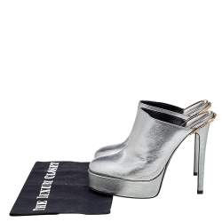 Roberto Cavalli Metallic Silver Leather Platform Mules Size 38