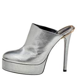 Roberto Cavalli Metallic Silver Leather Platform Mules Size 38