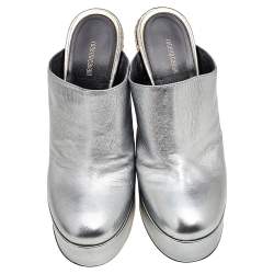 Roberto Cavalli Metallic Silver Leather Platform Mules Size 38