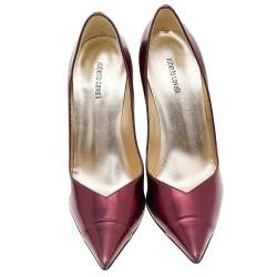 Pre Owned Roberto Cavalli Metallic Burgundy Leather Pointed Toe Pumps Size 37