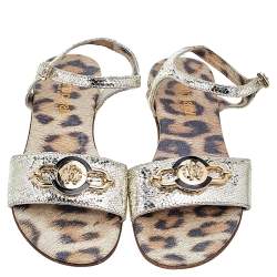 Pre Owned Roberto Cavalli Metallic Gold Leather Flat Sandals Size 35