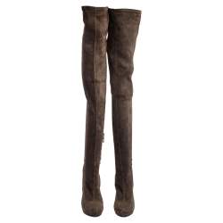 Pre Owned Roberto Cavalli Brown Suede Fold Thigh High Boots Size 37.5