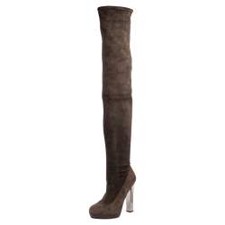 Pre Owned Roberto Cavalli Brown Suede Fold Thigh High Boots Size 37.5
