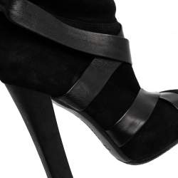 Pre Owned Roberto Cavalli Black Suede and Leather Wrap Tie Thigh High Boots Size 37