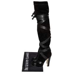 Pre Owned Roberto Cavalli Black Suede and Leather Wrap Tie Thigh High Boots Size 37