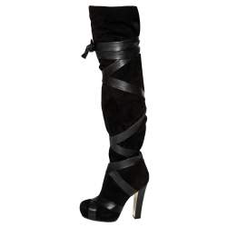 Pre Owned Roberto Cavalli Black Suede and Leather Wrap Tie Thigh High Boots Size 37