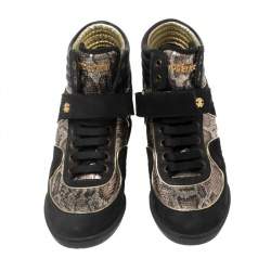 Pre Owned Roberto Cavalli Beige/Black Python Embossed Leather And Suede Wedge Sneakers Size 37