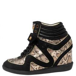 Pre Owned Roberto Cavalli Beige/Black Python Embossed Leather And Suede Wedge Sneakers Size 37