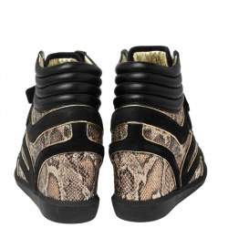 Pre Owned Roberto Cavalli Beige/Black Python Embossed Leather And Suede Wedge Sneakers Size 37