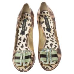 Roberto Cavalli Brown/Beige Leopard Print Patent Leather Embellished Buckle Detail Peep-Toe Pumps Size 37.5