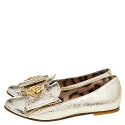 Pre Owned Roberto Cavalli Metallic Gold Python Effect Leather Metal Logo Slip On Loafers Size 37