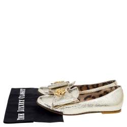 Pre Owned Roberto Cavalli Metallic Gold Python Effect Leather Metal Logo Slip On Loafers Size 37
