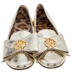 Pre Owned Roberto Cavalli Metallic Gold Python Effect Leather Metal Logo Slip On Loafers Size 37