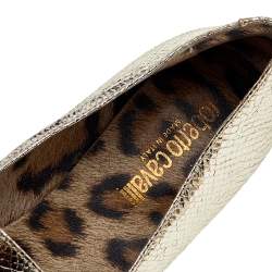Pre Owned Roberto Cavalli Metallic Gold Python Effect Leather Metal Logo Slip On Loafers Size 37