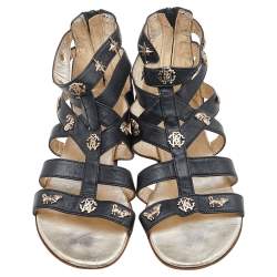 Pre Owned Roberto Cavalli Black Leather Embellished Sandals Size 35