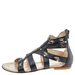 Pre Owned Roberto Cavalli Black Leather Embellished Sandals Size 35