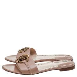 Pre Owned Roberto Cavalli Beige Leather Logo Plaque Flat Slides Size 40