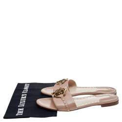Pre Owned Roberto Cavalli Beige Leather Logo Plaque Flat Slides Size 40