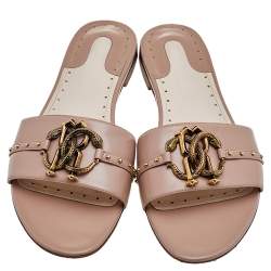 Pre Owned Roberto Cavalli Beige Leather Logo Plaque Flat Slides Size 40