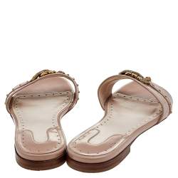 Pre Owned Roberto Cavalli Beige Leather Logo Plaque Flat Slides Size 40