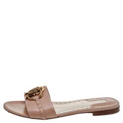 Pre Owned Roberto Cavalli Beige Leather Logo Plaque Flat Slides Size 40